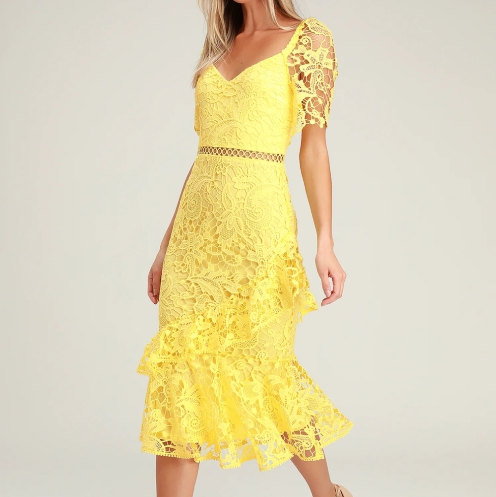 Briarwood Yellow Lace Ruffled Midi Dress - Lulus M NWT